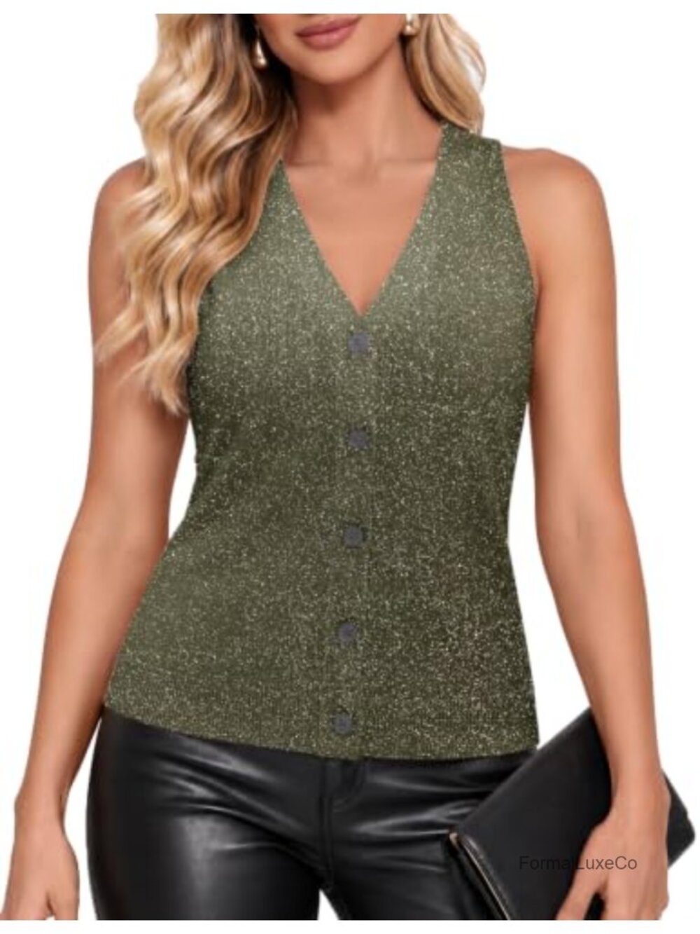 Sparkly Glitter V Neck Button Down Knit Tank Top Sleeveless